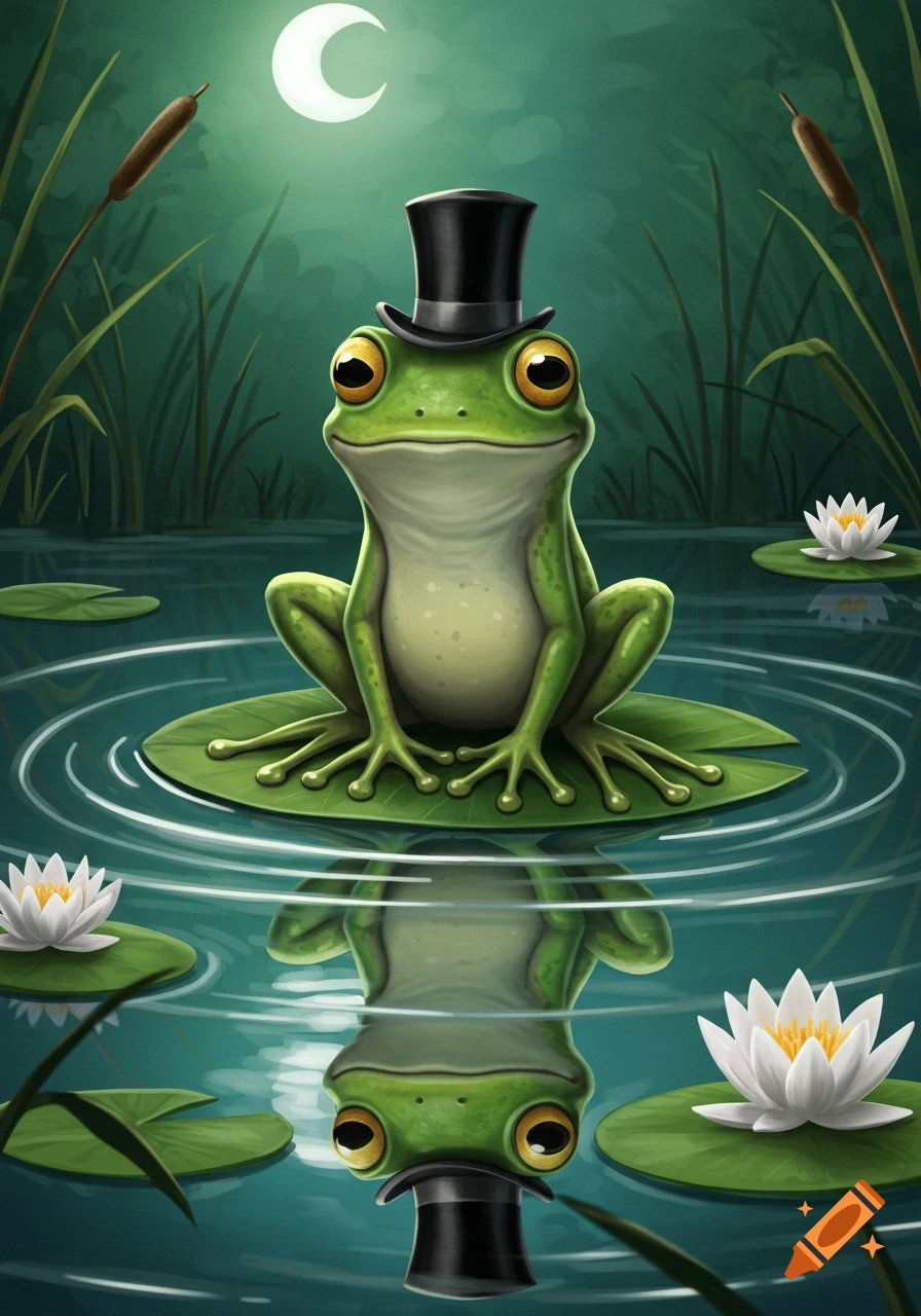 Cute green frog in a black top hat sits on a lily pad in a moonlit pond with water lilies. Illustration.