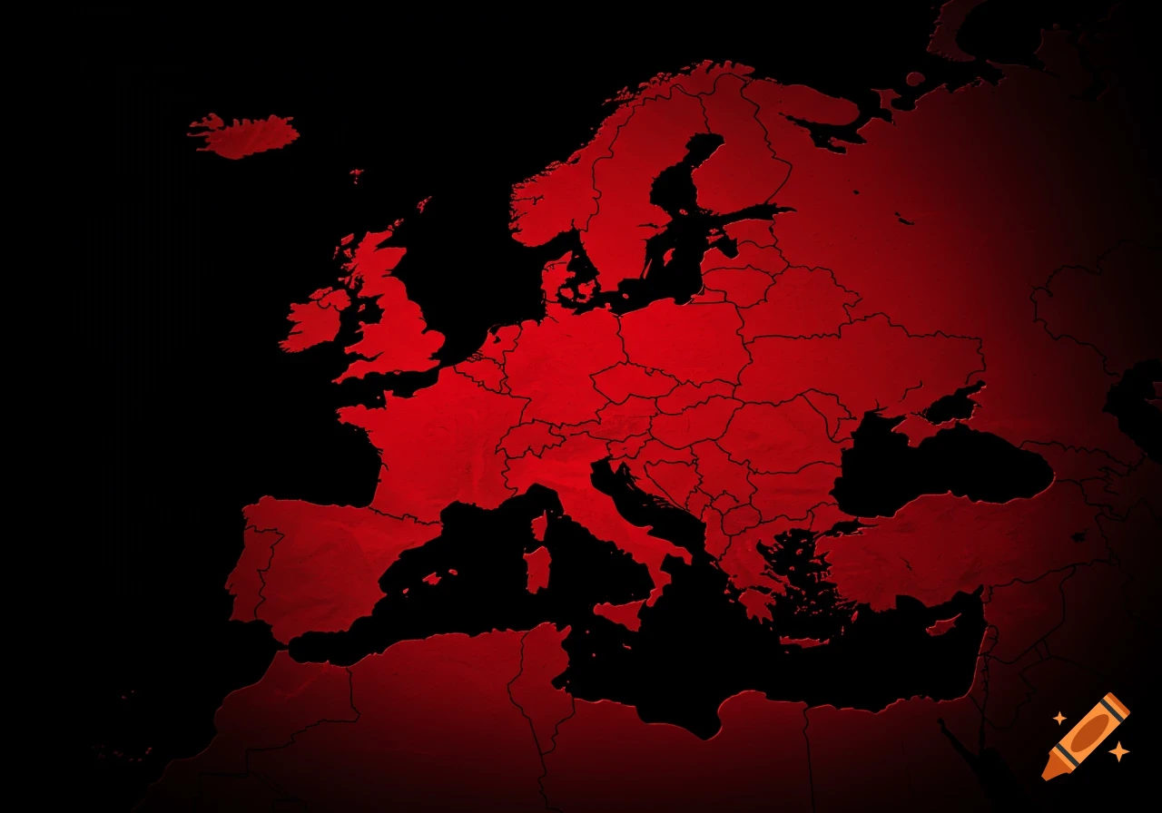 A high-contrast map of Europe with countries highlighted in red against a black background.