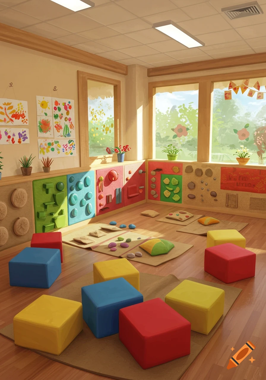 A bright, colorful kindergarten playroom with sensory walls, colorful square cushions, and large windows overlooking green trees, in an illustrated style.