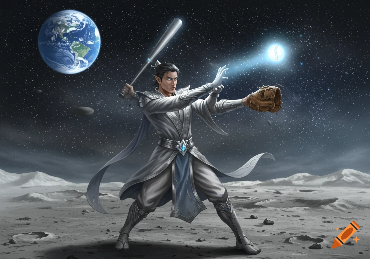 A fantasy elf-like figure in white and blue robes plays baseball on the moon with a glowing ball and bat, Earth in background.