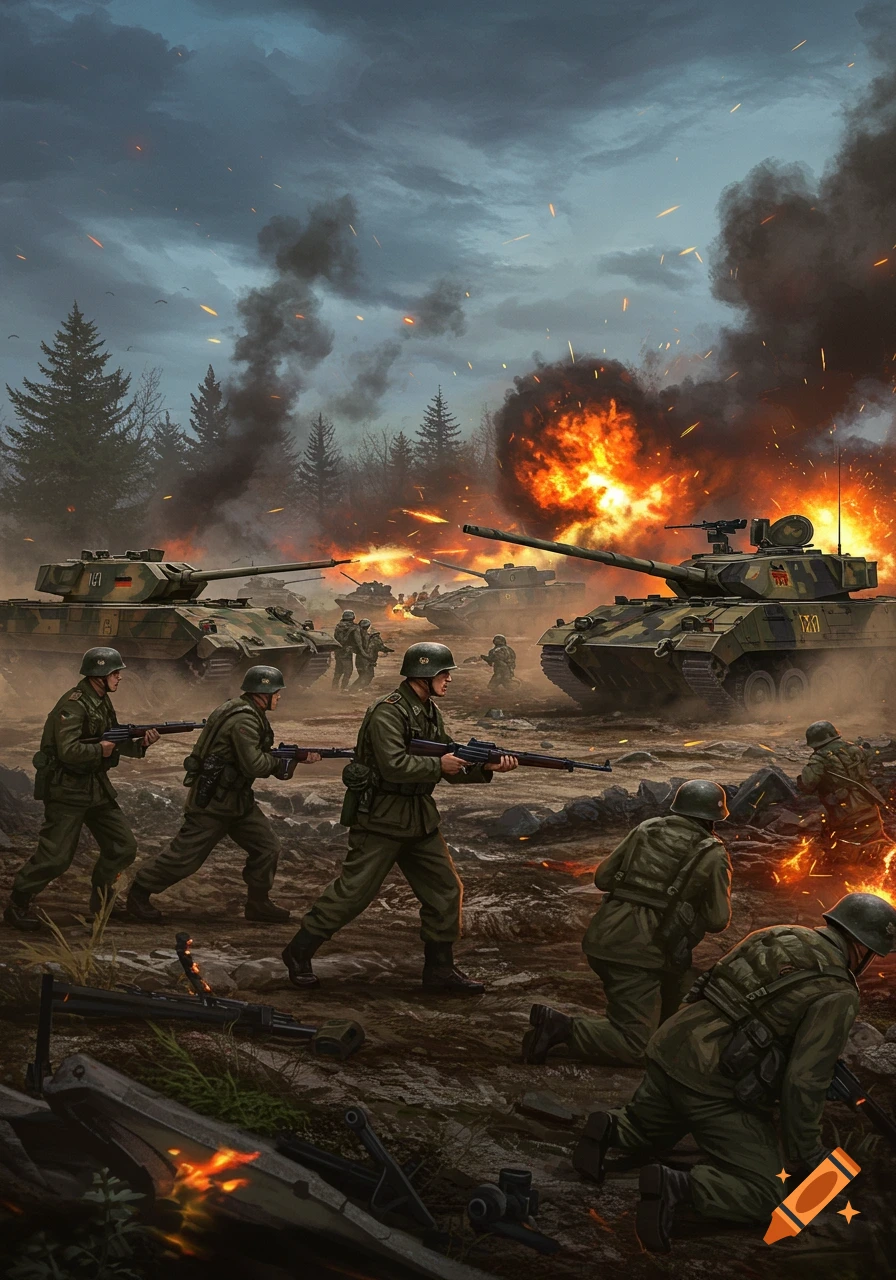 Dramatic painting of an army battle with soldiers advancing and tanks firing amidst large explosions and smoke under a cloudy sky.