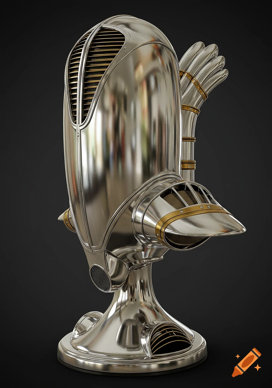 A chrome and gold Art Deco steampunk device with vents, grilles, and pipes on a pedestal base.