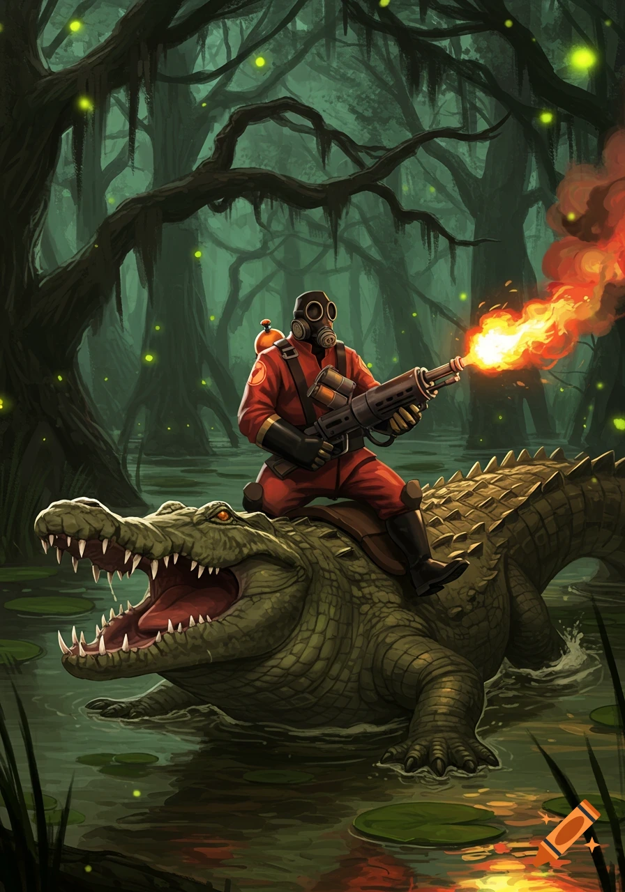 Pyro from TF2 riding a large crocodile through a dark, misty swamp, firing a flamethrower in a digital art style.