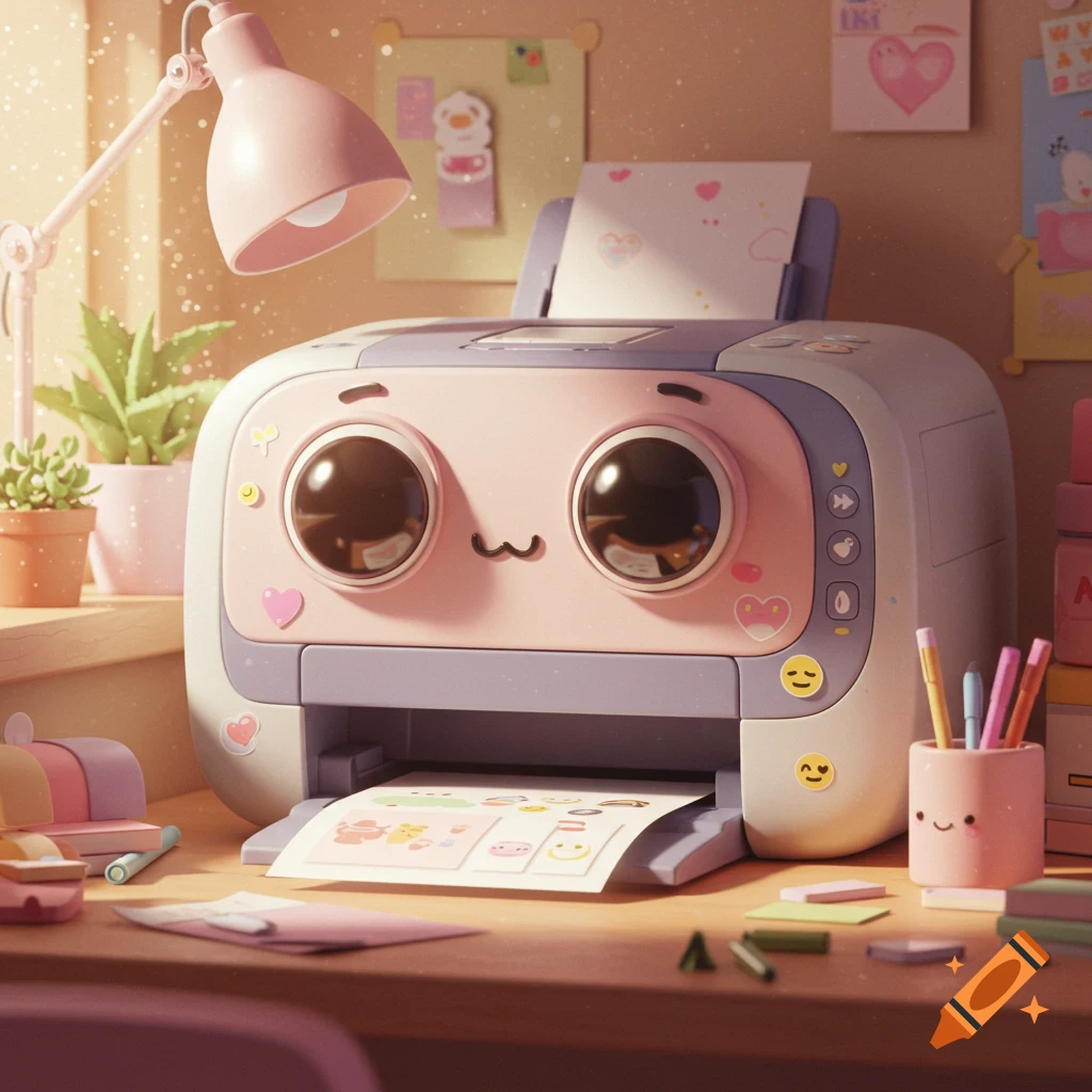 A cute, kawaii-style pastel pink and purple printer with big black eyes and a smiling face, sitting on a wooden desk with stationery.