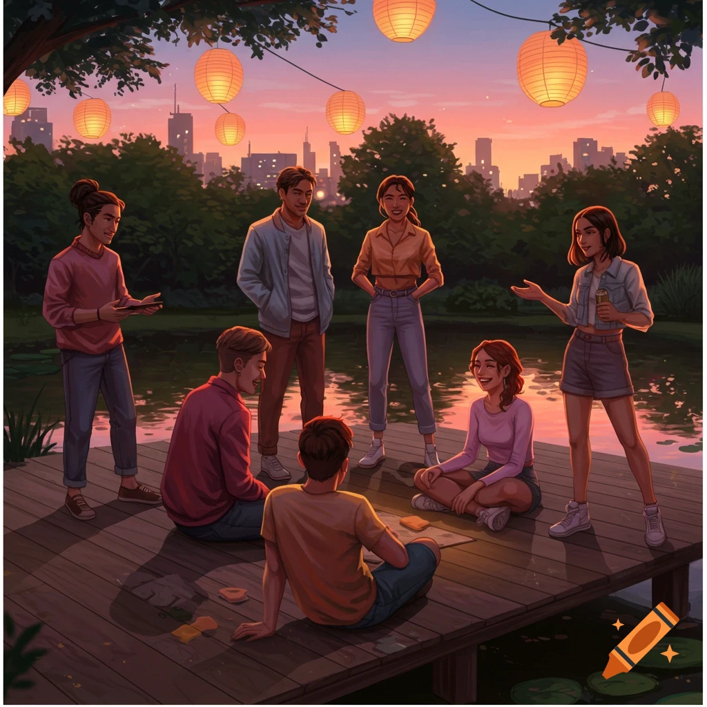An illustration of seven young adults gathered on a wooden dock at sunset, with lanterns overhead and a city skyline in the background.