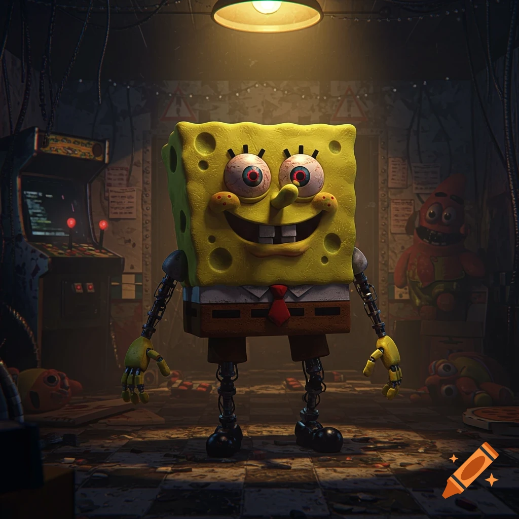 A Spongebob animatronic with bloodshot eyes and robotic limbs stands in a dark, cluttered Five Nights at Freddy's-style arcade room.