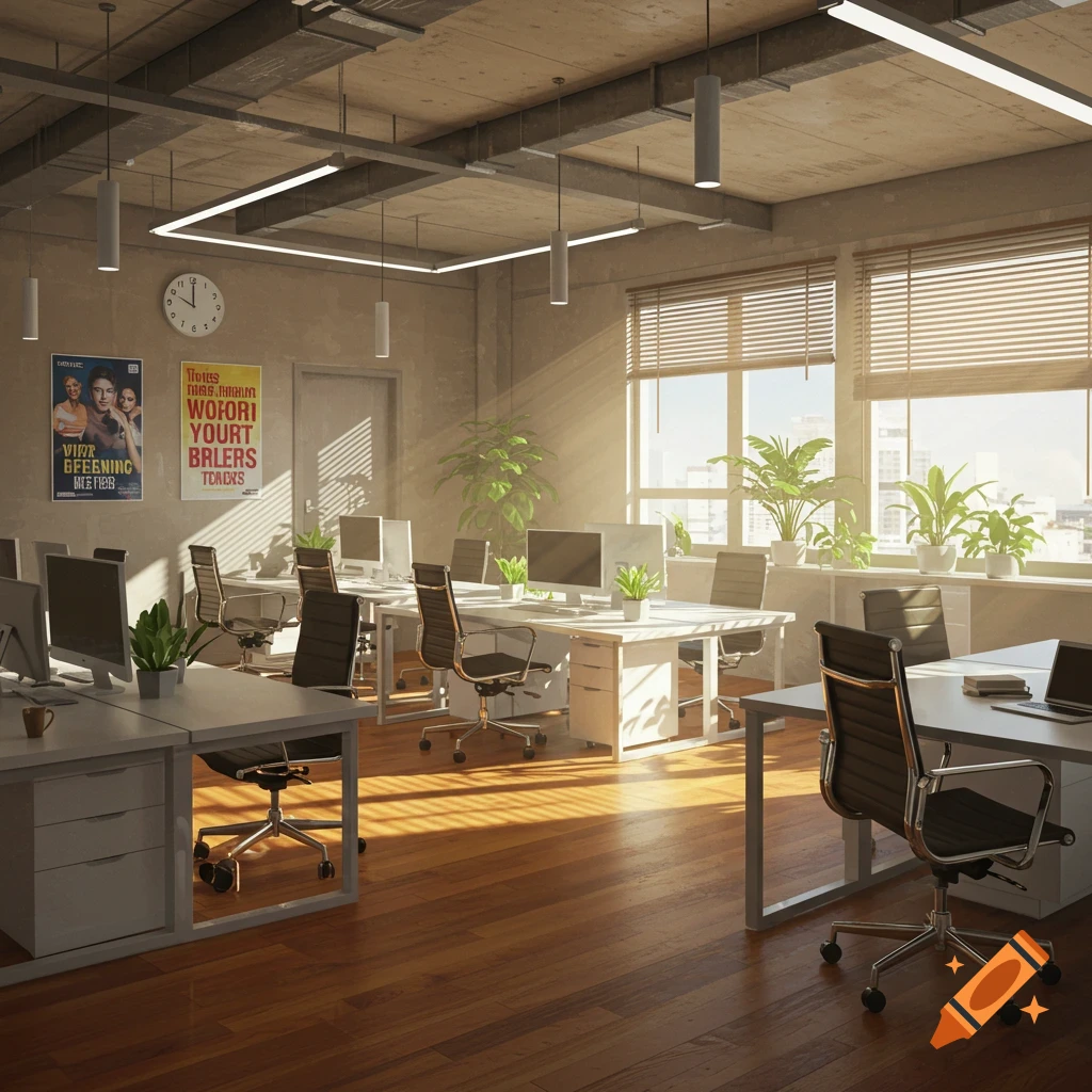 A bright, sunlit office space with multiple empty desks, chairs, computers, and potted plants.