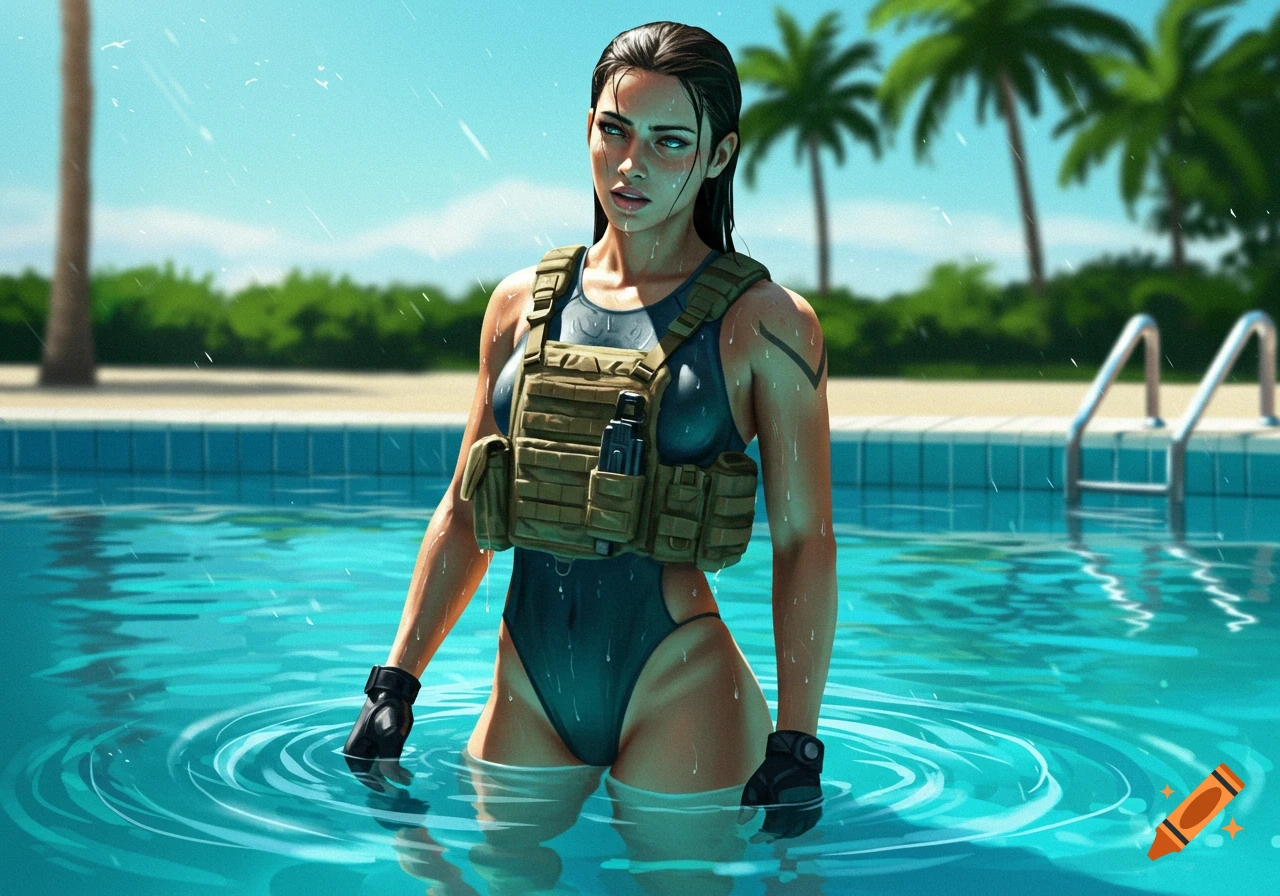 A stylized image of a female soldier wearing a swimsuit and tactical vest standing in a swimming pool with palm trees in the background.