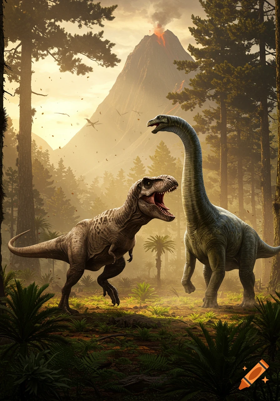 A photorealistic image of a T-Rex and a long-necked dinosaur in a prehistoric jungle with a smoking volcano at sunset.