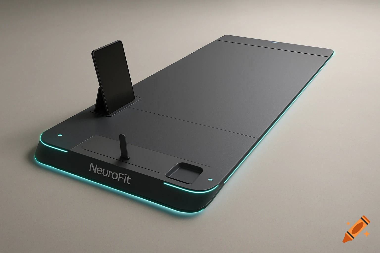 A sleek, dark gray high-tech fitness mat with a phone stand and glowing turquoise LED edges, featuring 'NeuroFit' branding.