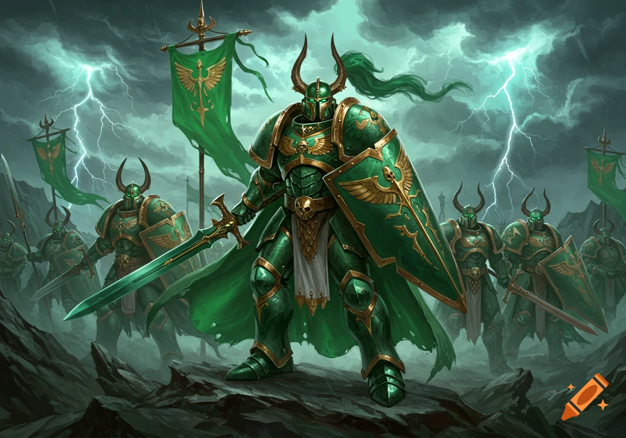 Armored fantasy warriors in green and gold armor with horned helmets stand in a stormy, misty landscape with lightning.
