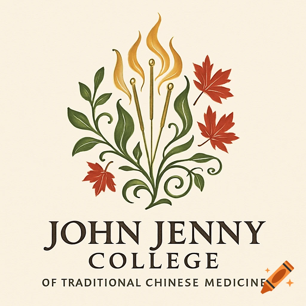 A logo for John Jenny College of Traditional Chinese Medicine featuring acupuncture needles, flames, green leaves, and red maple leaves.