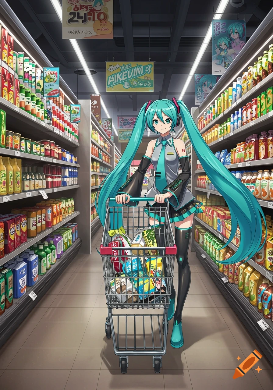 Hatsune Miku pushing a shopping cart full of groceries down an aisle in a brightly lit grocery store, surrounded by shelves stocked with various products.