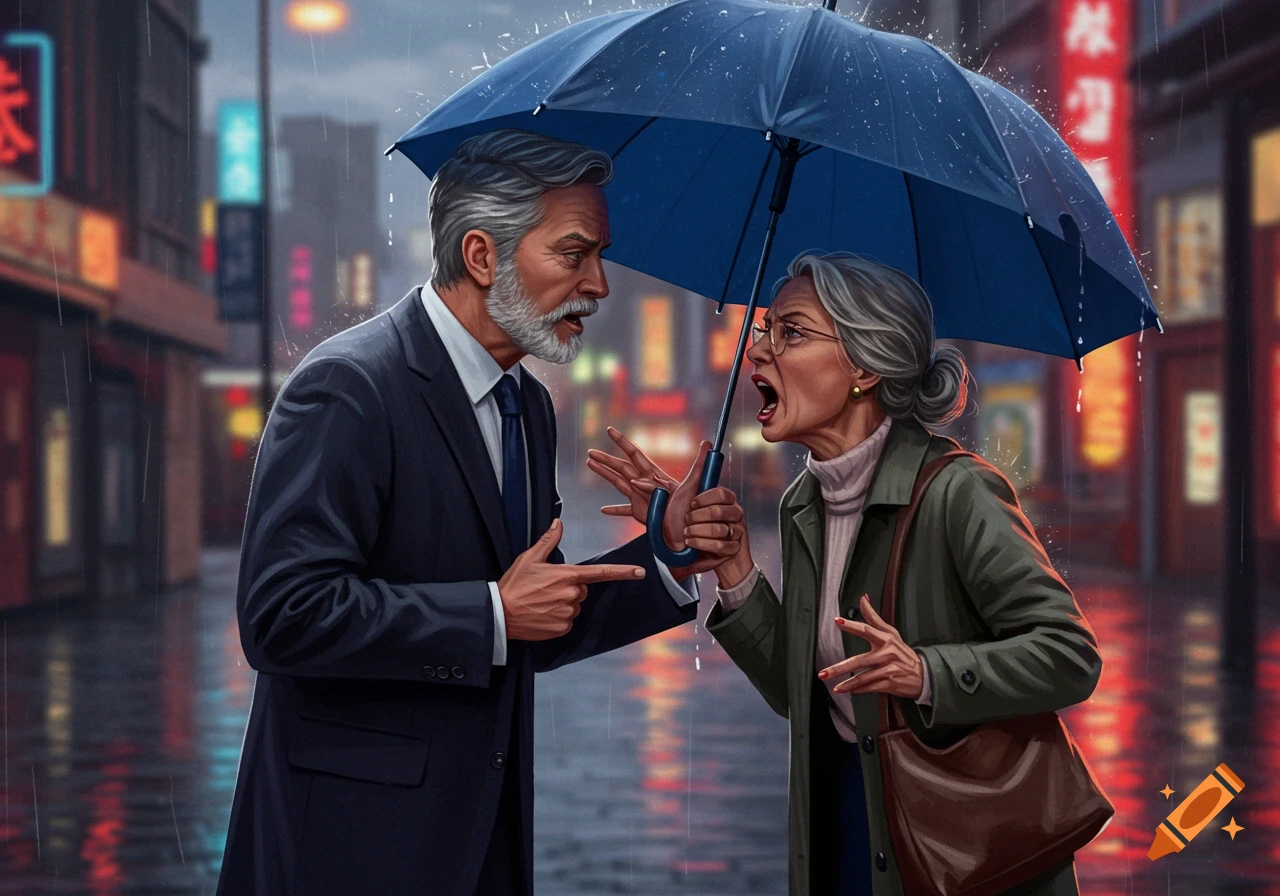 An illustration of an older couple arguing under a blue umbrella on a rainy city street at night, with glowing neon signs.