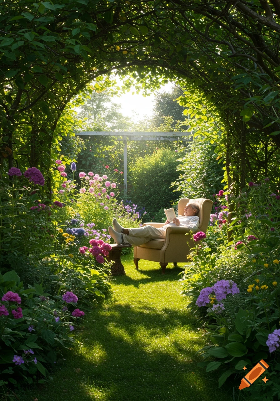 A person in an armchair reads a book under a lush, green, sunlit garden archway, surrounded by colorful flowers.