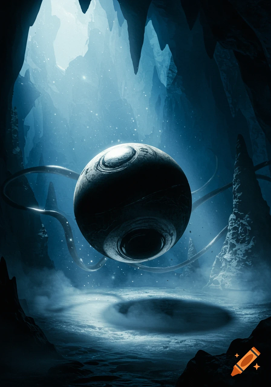 A large, dark, metallic orb with glowing elements hovers in a vast, dark blue, misty cave with rock formations and a starry effect.