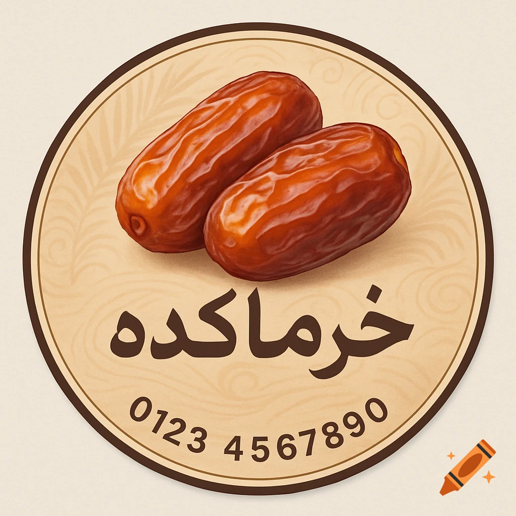 A circular beige label featuring two brown dates, with the Persian text 'Khormakadeh' and '0123 4567890' for a number.
