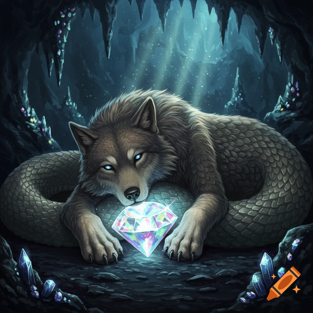 A fantasy creature with a wolf head, snake body, and lion paws guards a glowing diamond in a dark, crystalline cave.