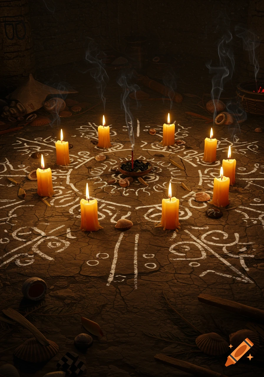 Nine lit candles in a circle on a cracked earthen floor, surrounded by white ritualistic symbols. Incense burns in the center, emitting smoke.