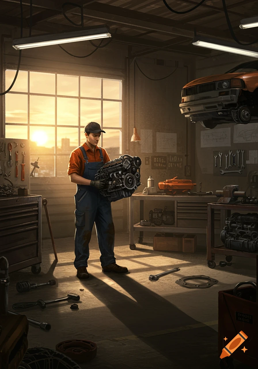 A car mechanic in a garage holds an engine, illuminated by the sunset through a large window.
