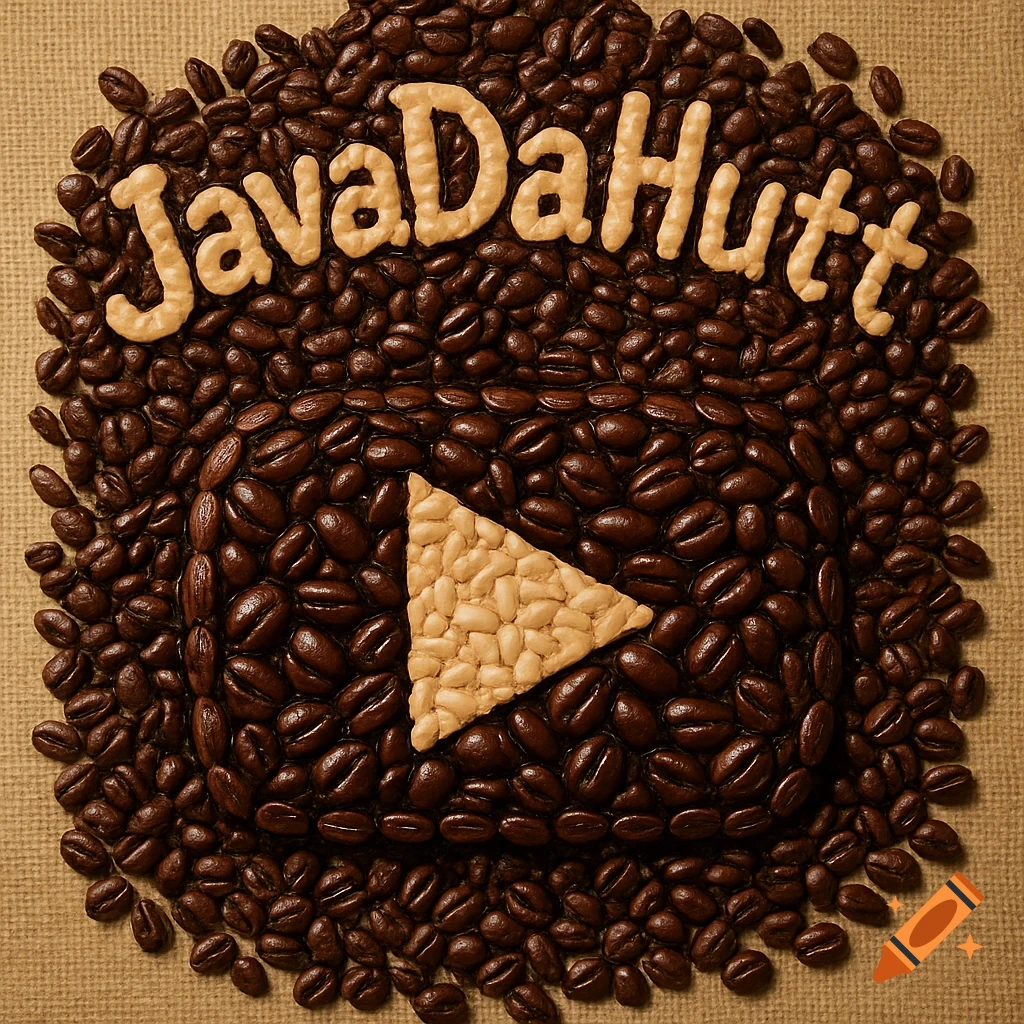 The words JavaDaHutt and a YouTube play button made from coffee beans, arranged on a burlap background.