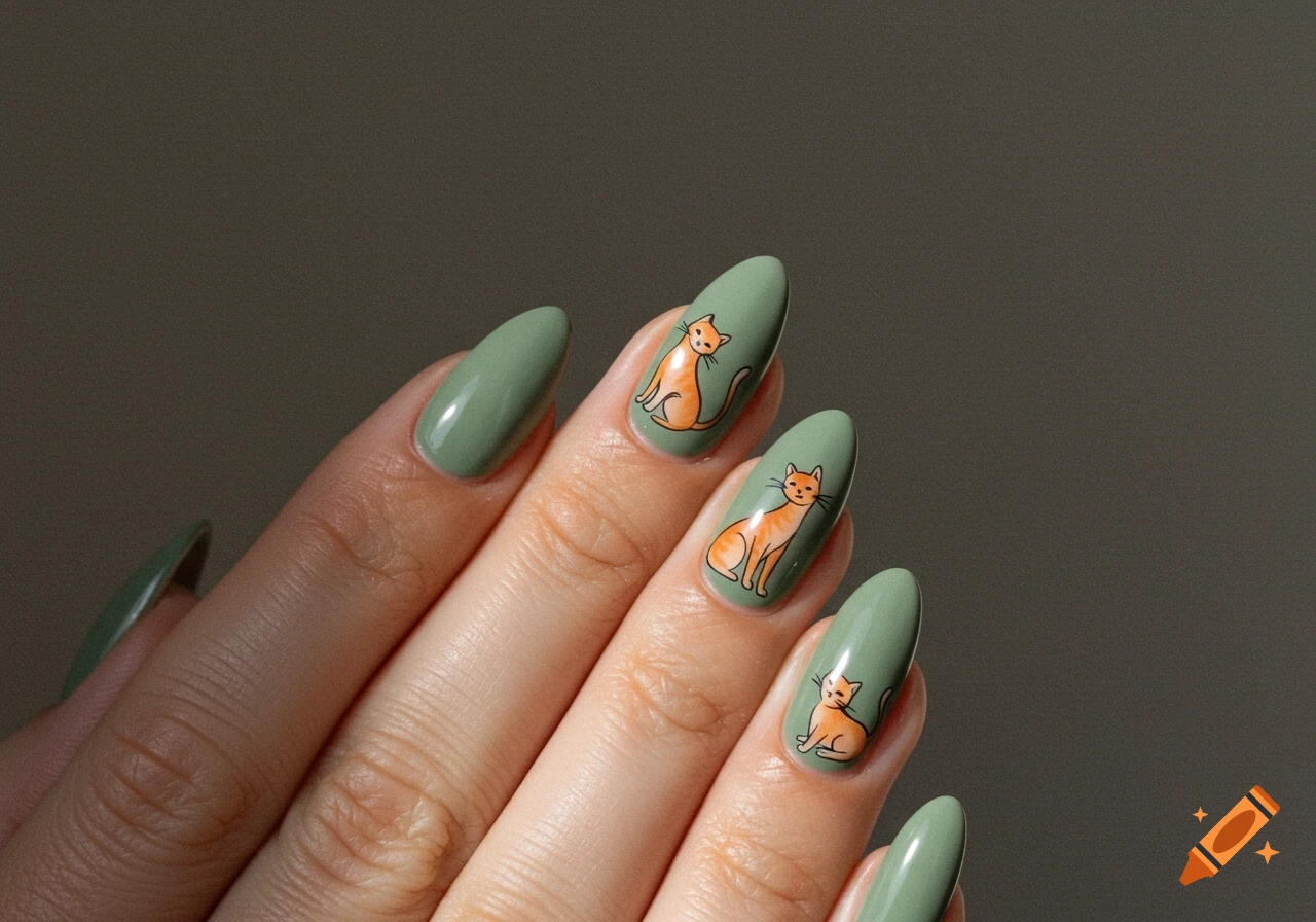 Sage green almond nails with minimalist orange tabby cat drawings on three fingers.