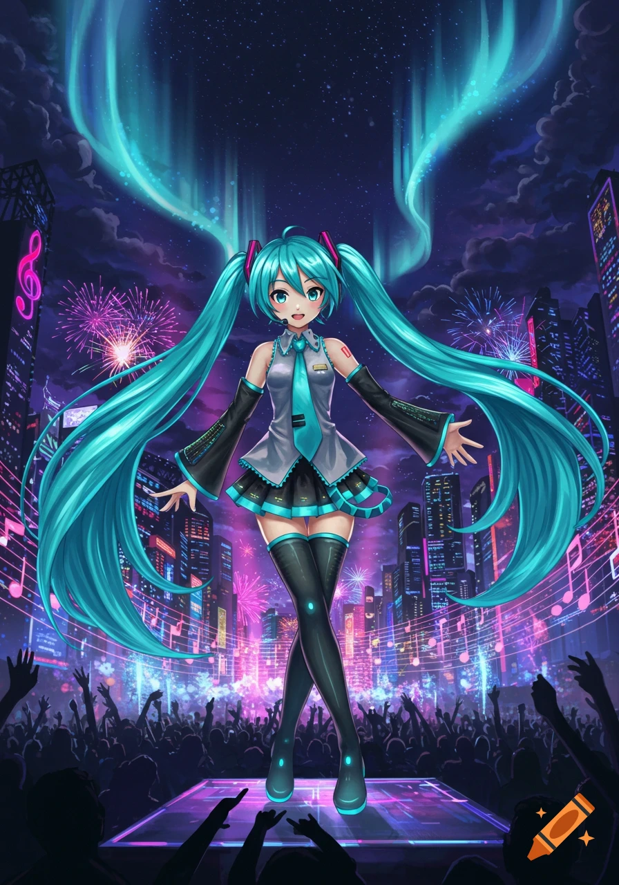 Hatsune Miku performs on a futuristic stage for a cheering crowd, under a night sky with neon cityscapes, aurora lights, and fireworks.