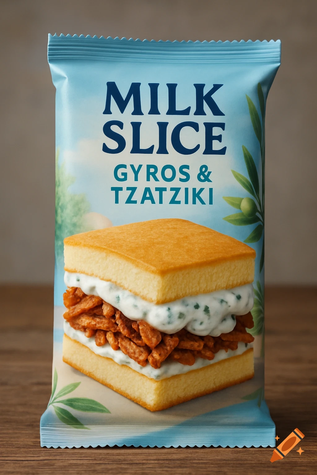 Light blue product packaging for 'MILK SLICE GYROS & TZATZIKI', featuring a layered snack with gyros and tzatziki.