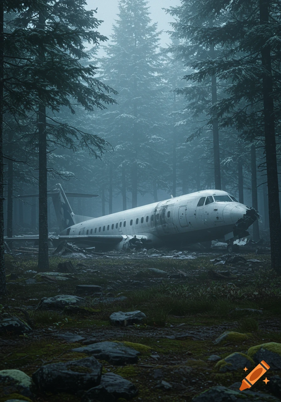A crashed white airplane lies amidst a dense, misty, snow-dusted forest with dark trees and mossy ground.