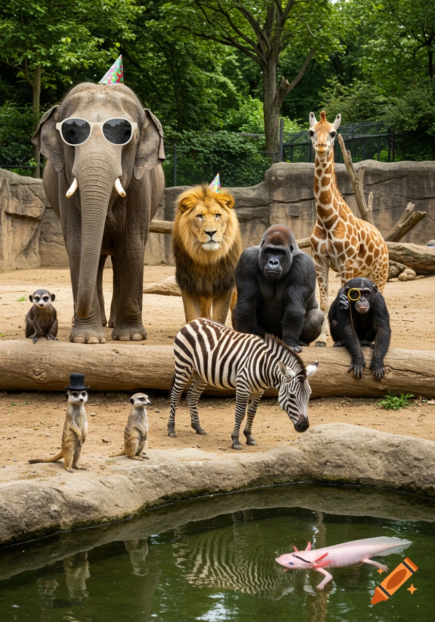 Photorealistic image of zoo animals: elephant in sunglasses, lion with party hat, gorilla, chimpanzee, meerkats, zebra, and axolotl by water.