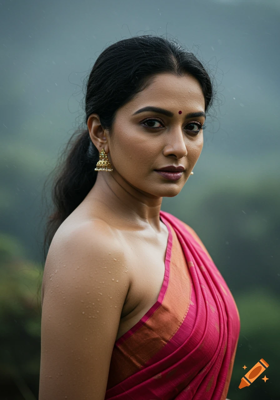 Photorealistic portrait of a South Indian woman in a pink and gold saree, with raindrops on her bare shoulder, looking intently at the viewer against a misty background.