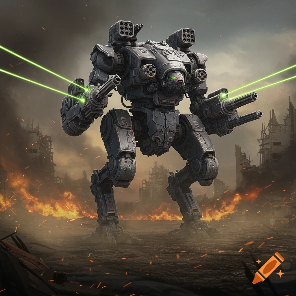 A heavily armored battlemech with multiple weapon systems, including arm-mounted laser barrels firing green beams and shoulder-mounted missile launchers, stands in a fiery, smoke-filled post-apocalyptic cityscape.