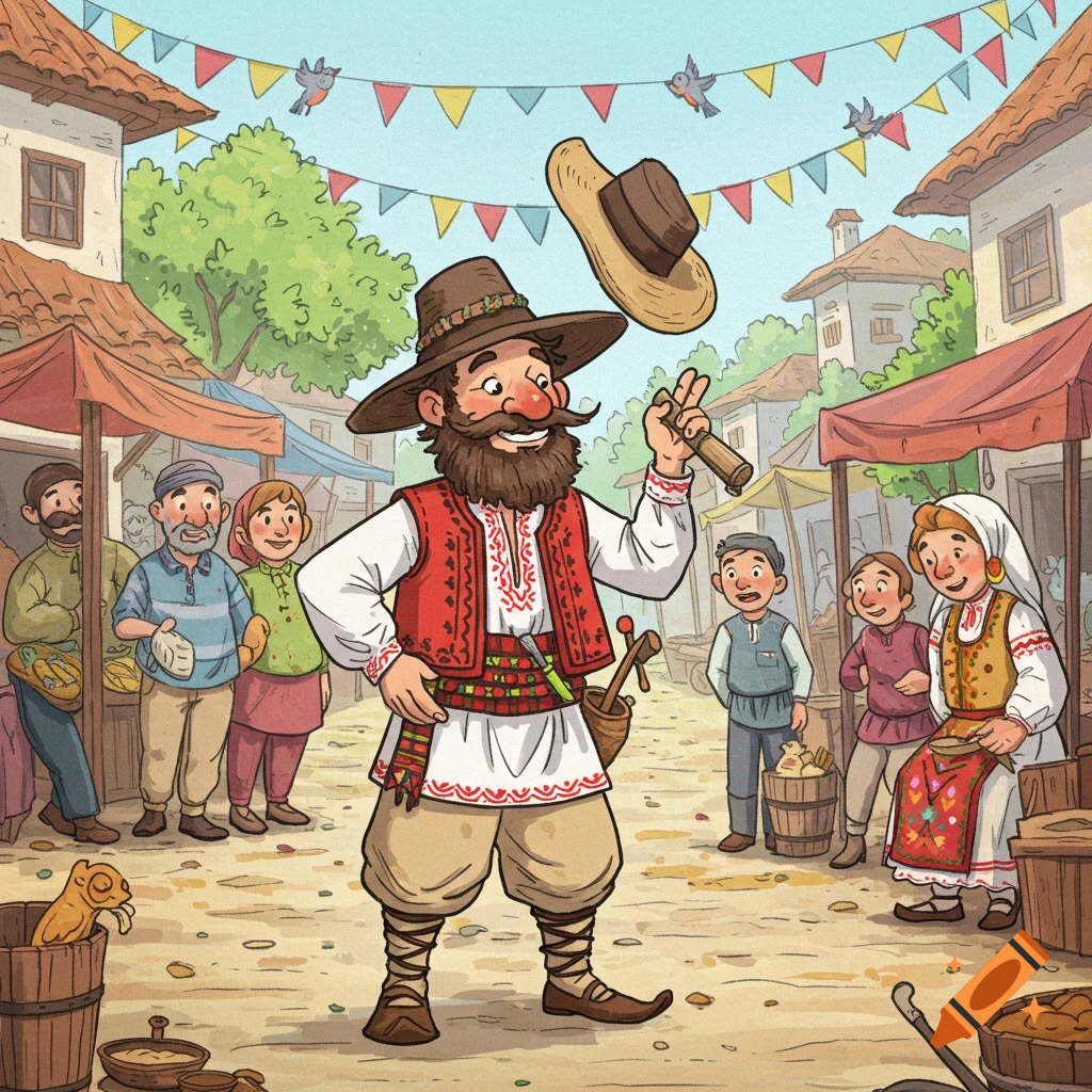 A cheerful, bearded man in traditional folk attire throws his hat in the air at a bustling cartoon market scene with onlookers.