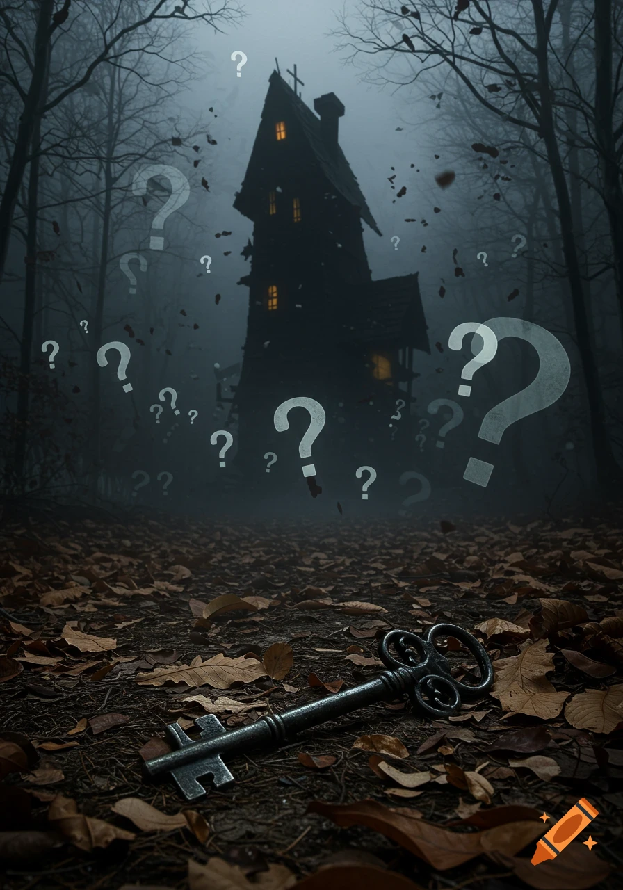 An old, spooky house in a dark, misty forest with bare trees, many floating question marks, and a large key on a bed of autumn leaves in the foreground.
