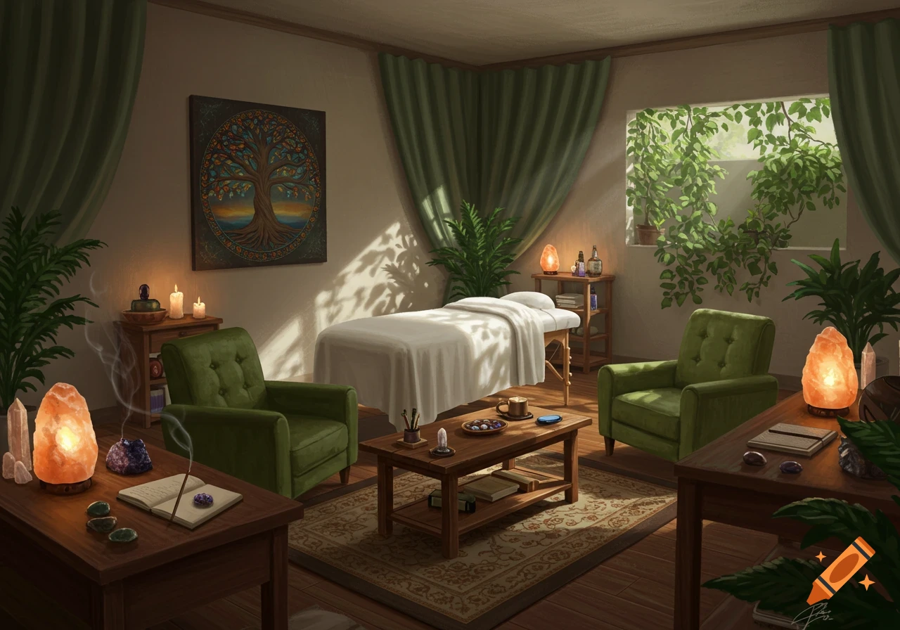 A serene, warmly lit therapy room with a massage table, two green armchairs, a wooden coffee table, and side tables adorned with salt lamps, crystals, and plants. A tree of life painting hangs on the wall, and sunlight streams through a window.