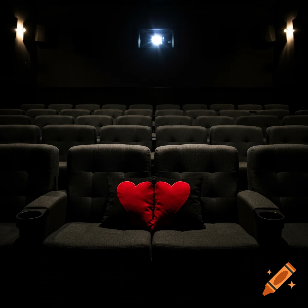 Empty, dark cinema theater with a black pillow featuring two red hearts on two center seats, under a projector's glow.