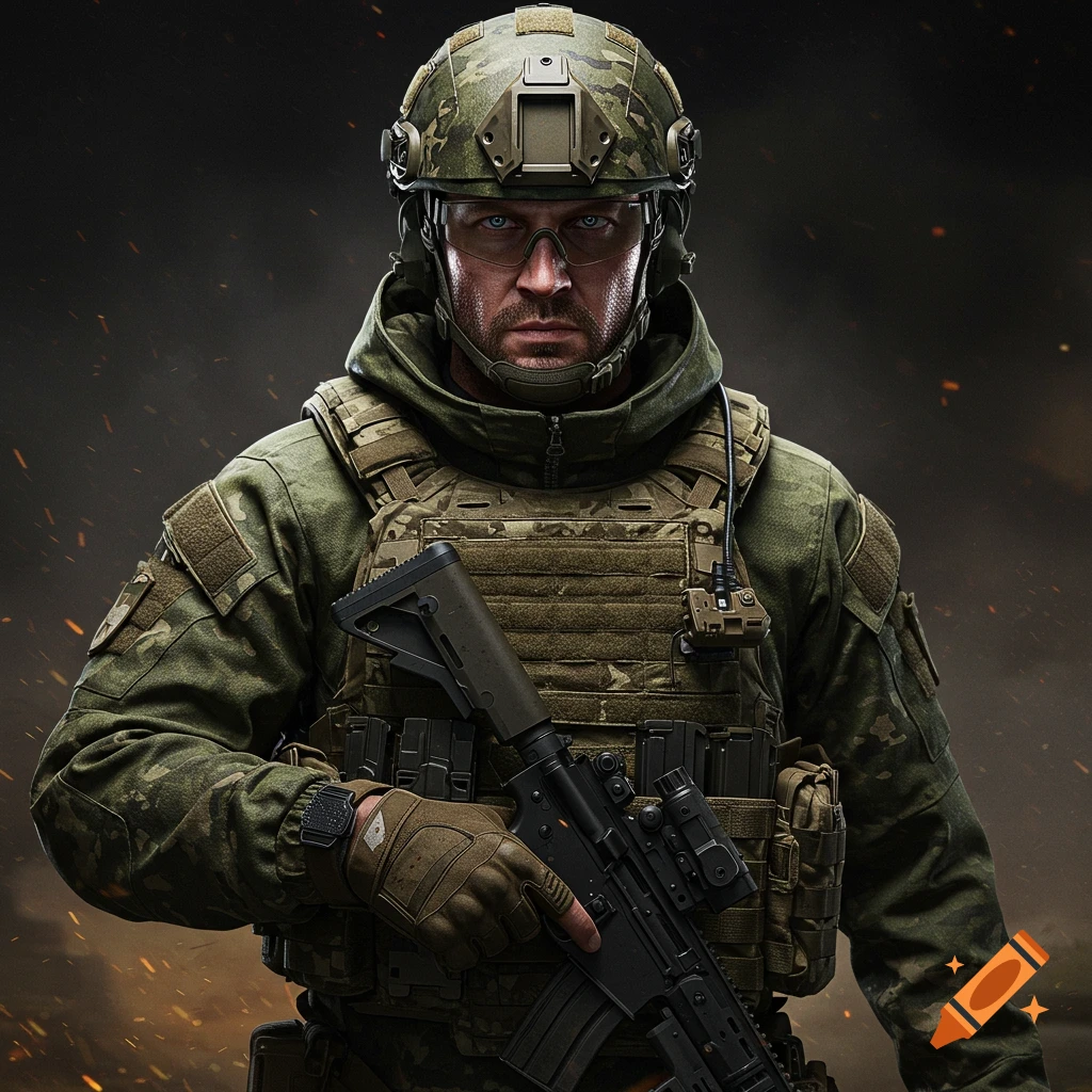 A photorealistic depiction of a soldier in camouflage tactical gear and helmet, holding a rifle, against a dark, gritty background.