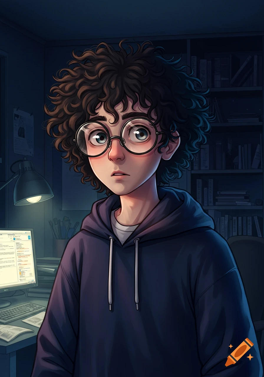 An anime-style illustration of a curly-haired person with glasses and a purple hoodie, looking surprised in a dimly lit room with a computer and bookshelf.