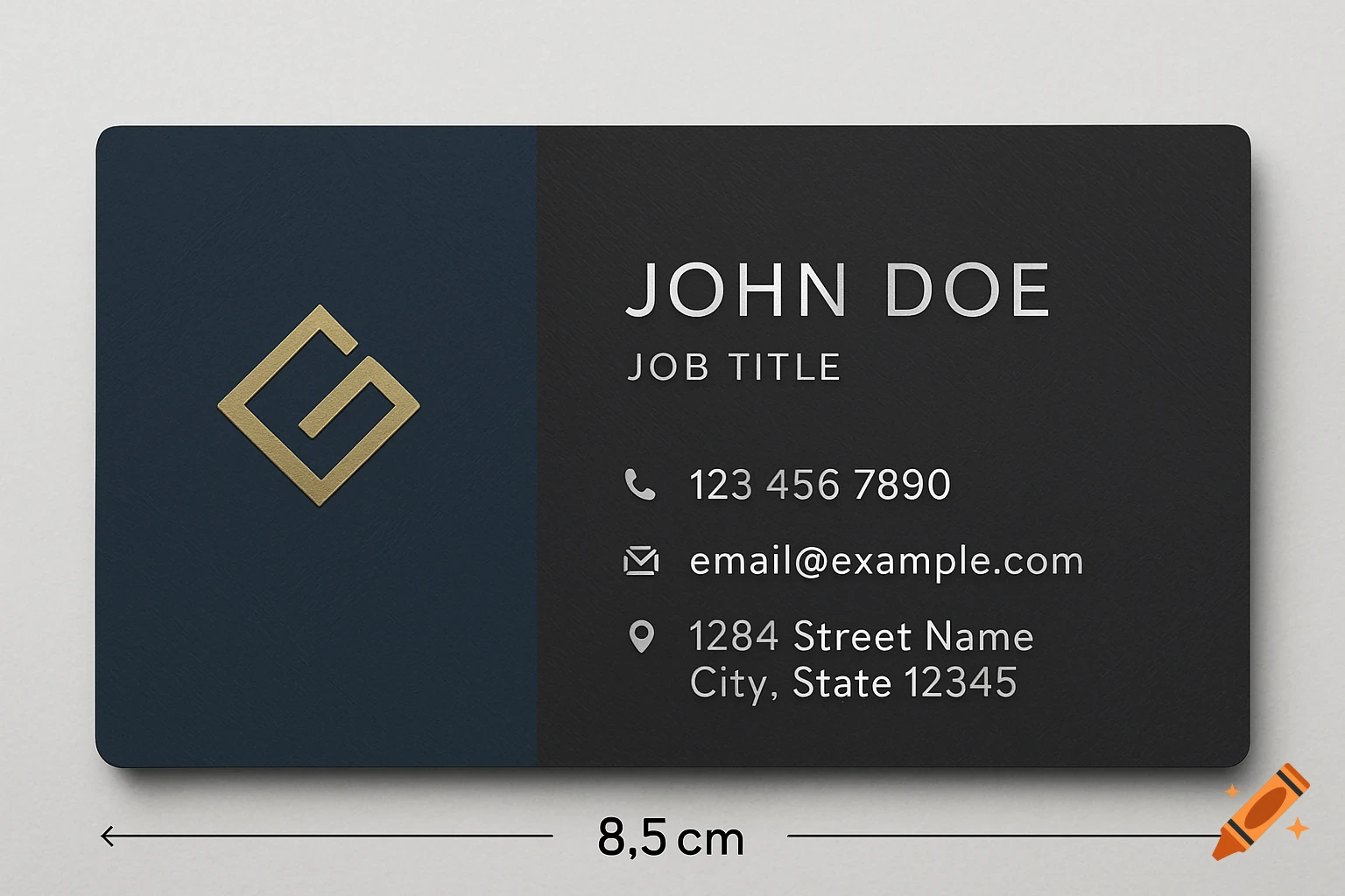 A minimalist business card with a dark blue and charcoal gray design, featuring a gold abstract logo and white placeholder text for name, title, and contact information.