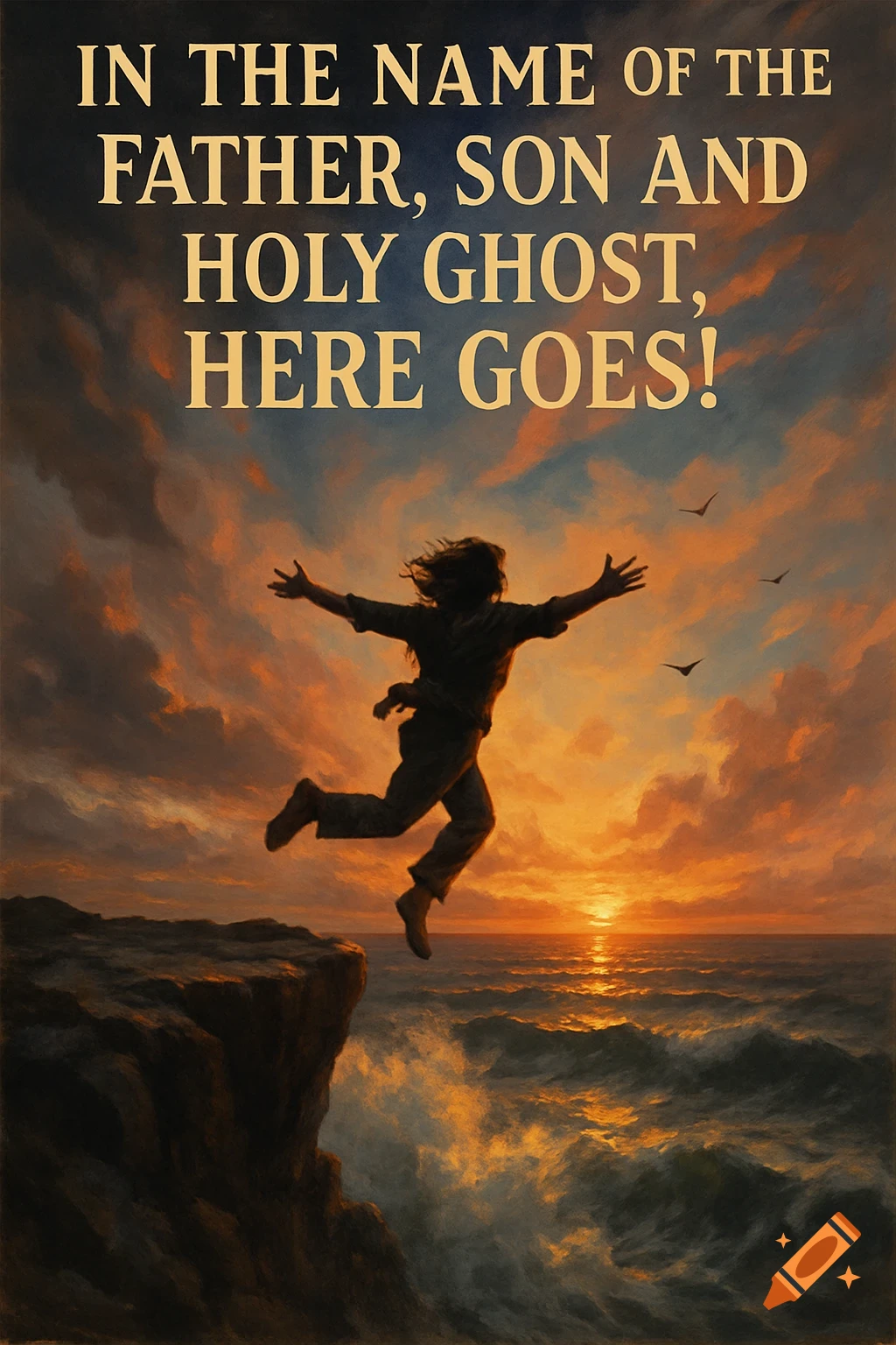 A person jumps off a cliff into a dramatic sunset ocean, with text 'IN THE NAME OF THE FATHER, SON AND HOLY GHOST, HERE GOES!'.