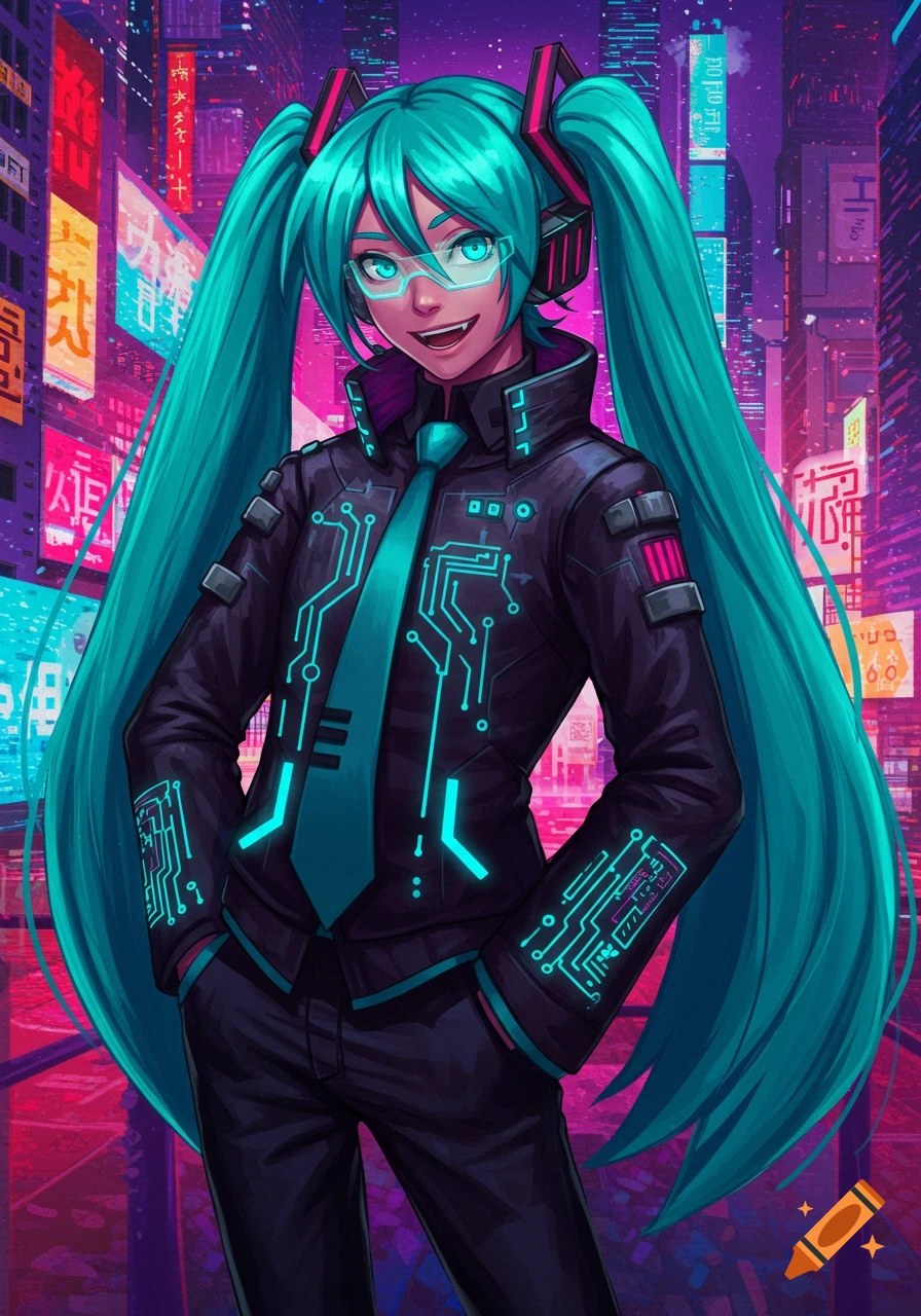 An anime-style character with long teal pigtails, wearing glasses and a dark suit with glowing circuit patterns, stands in a vibrant neon cyberpunk city.