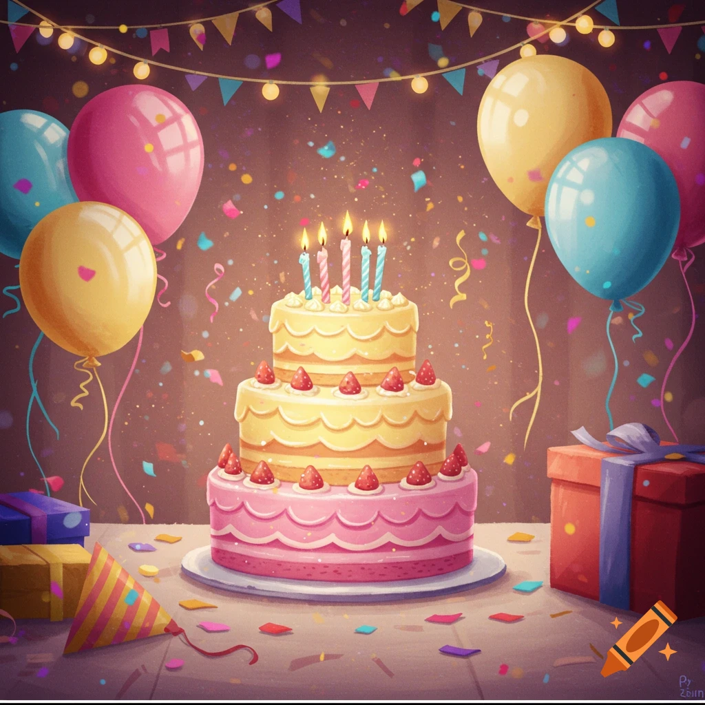 A colorful three-tier birthday cake with lit candles and strawberries, surrounded by balloons, confetti, party hats, and wrapped gifts.