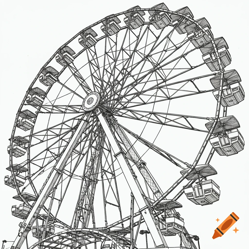 A detailed black and white line art drawing of a large Ferris wheel against a white background.