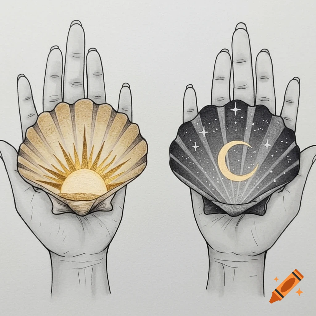Two hands holding scallop shells, one with a golden sun, the other with a golden crescent moon and stars, in a tattoo-style illustration.