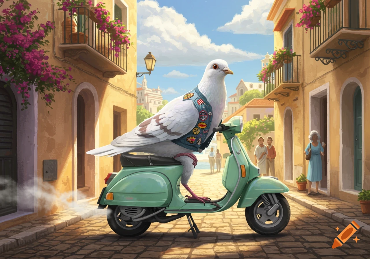 A white pigeon wearing a patched denim vest rides a mint green scooter down a cobblestone street in a sunny European town.