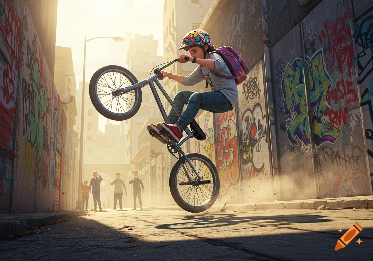 A boy in a helmet and backpack performs a wheelie on a BMX bike in a sunlit, graffiti-covered urban alley as other children watch.