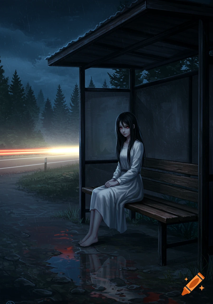 An anime ghost girl with red eyes and black hair sits barefoot on a bus stop bench in the rain at night, with a highway, forest, and red-tinged puddles.