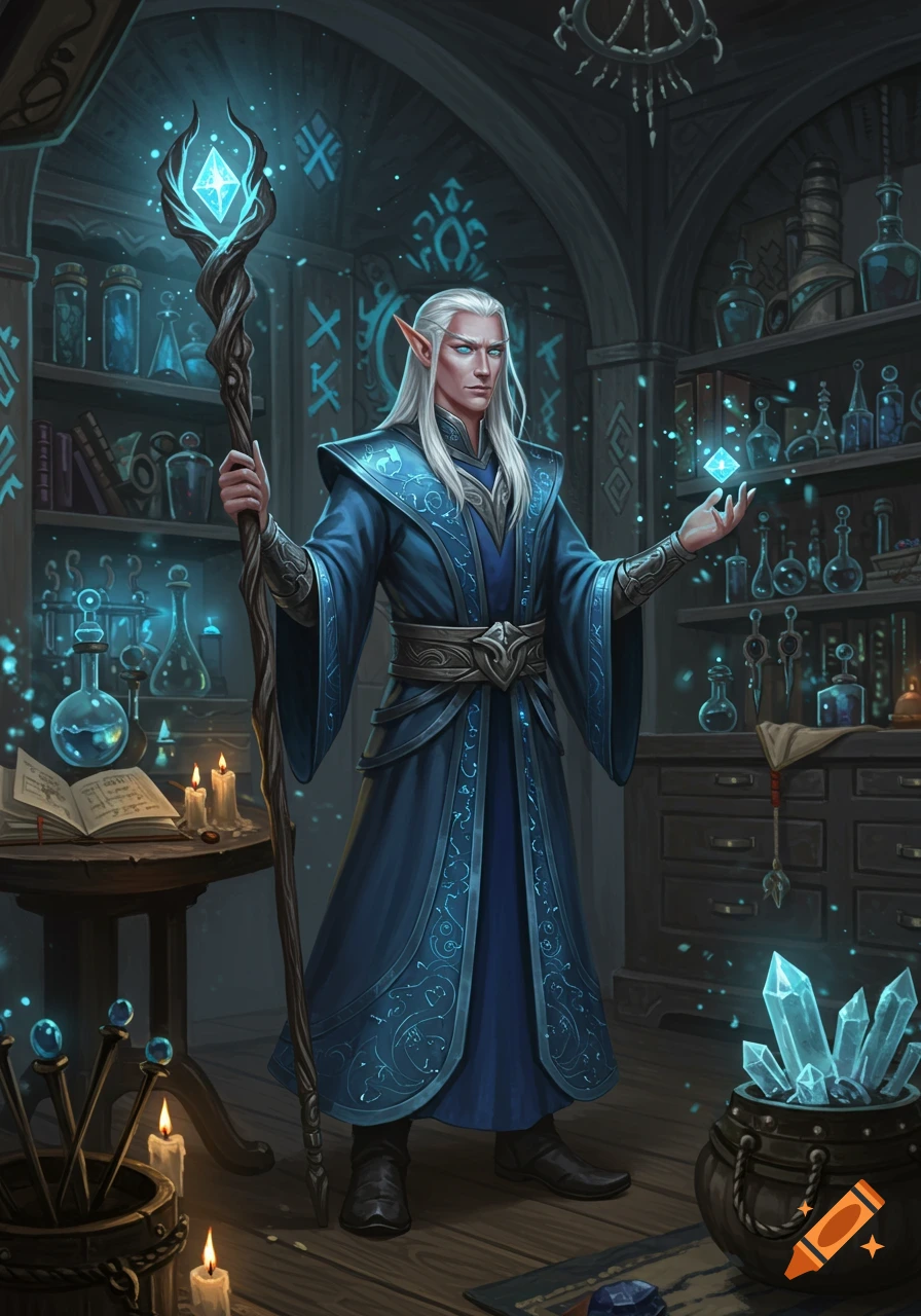 An elegant high elf wizard in a blue robe holds a glowing staff and conjures magic in an alchemy lab with potions and crystals. Fantasy art.