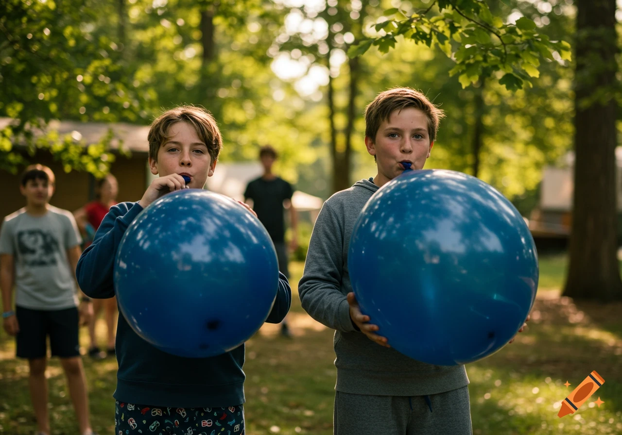 Two boys at summer camp inflate large blue balloons, cheeks puffed, in a cheerful outdoor scene.