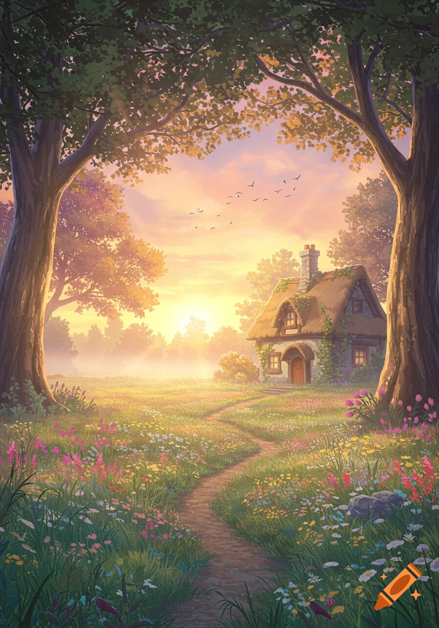 A whimsical cottage with a thatched roof nestled in a vibrant meadow of wildflowers, bathed in the warm glow of a sunset, Ghibli-style illustration.